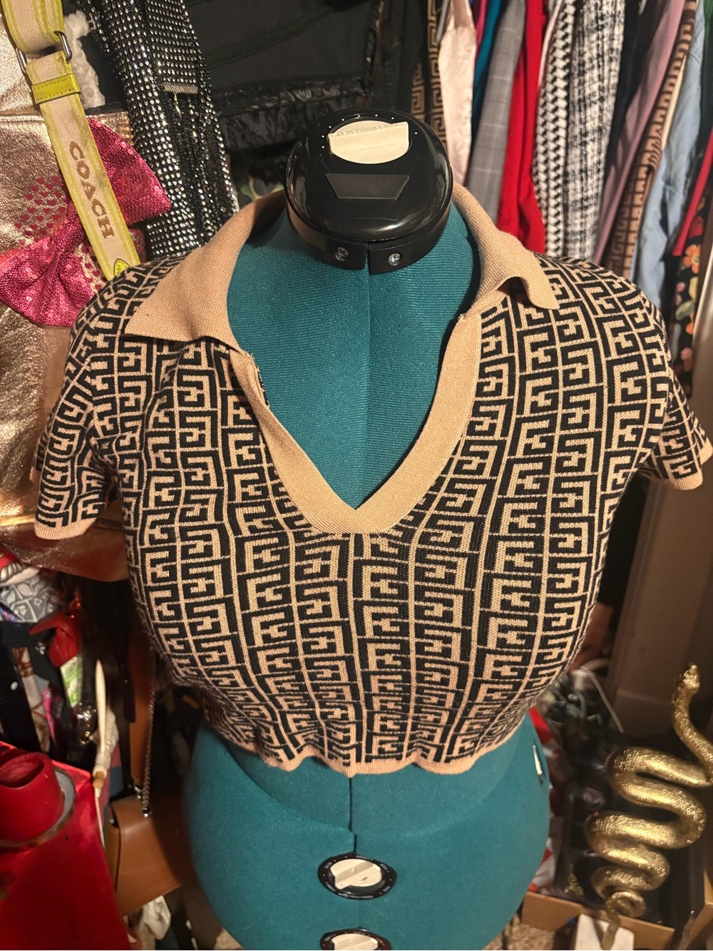 debut Beige & Black Geometric Polo Crop Top